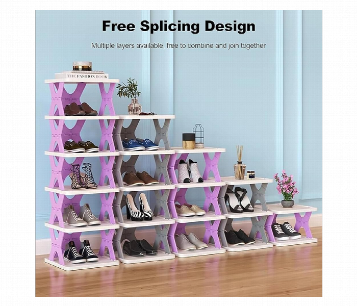 6 Tier Stackable Shoe Rack Pink White Space Saving Shelf - Zoom Image 1