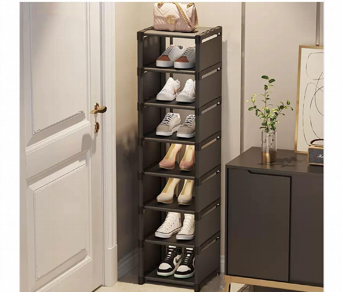 8 Layer Vertical Shoe Rack Narrow Space Saving Tower Black - Zoom Image