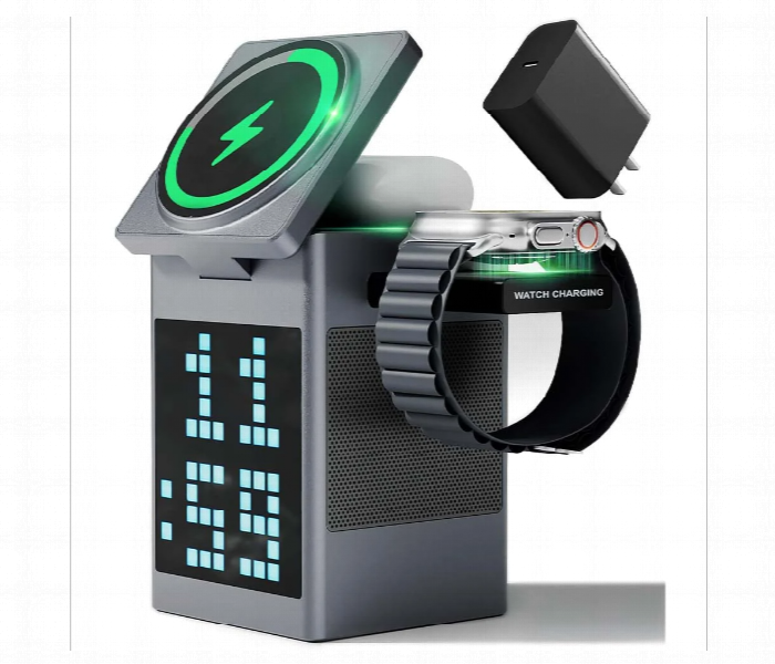 Multifunctional Wireless Charging Station Pixel Clock Bluetooth Speaker - Zoom Image 1