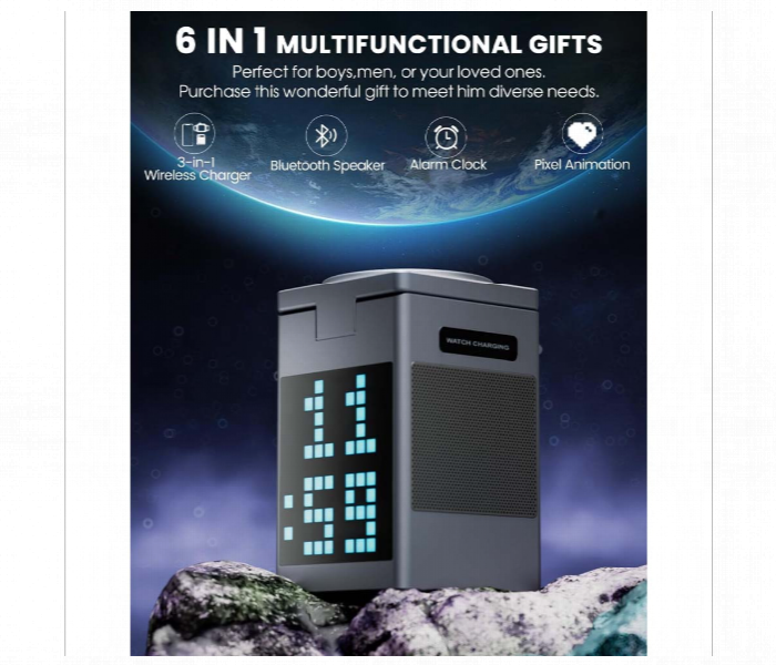 Multifunctional Wireless Charging Station Pixel Clock Bluetooth Speaker - Zoom Image 3